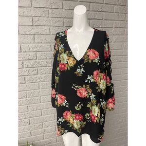 Rags To Wishes Women Black Floral 3/4 Ruffle Sleeve Blouse Size 2X